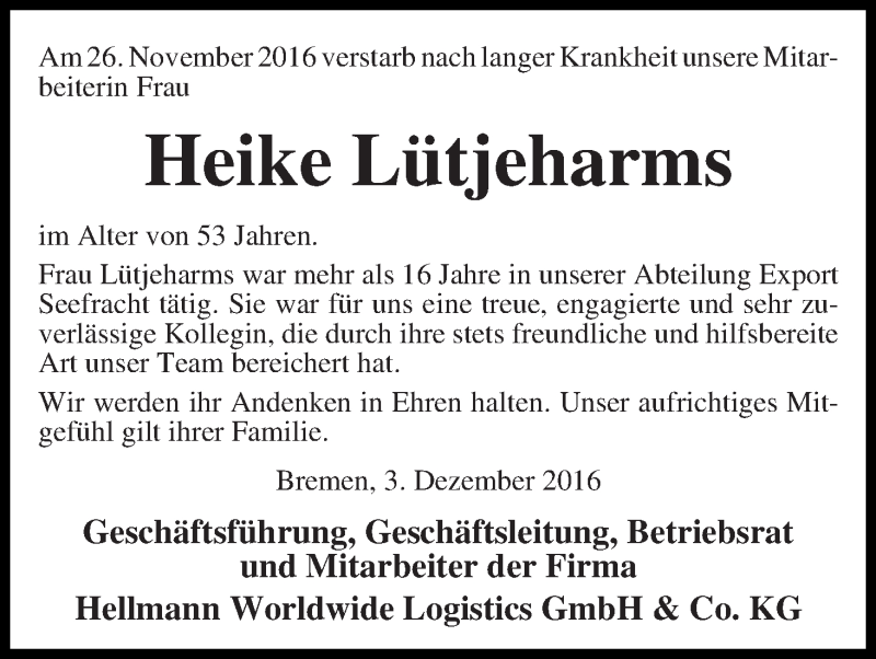  Traueranzeige für Heike Lütjeharms vom 03.12.2016 aus WESER-KURIER