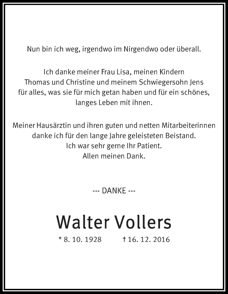 Traueranzeige von Walter Vollers von WESER-KURIER