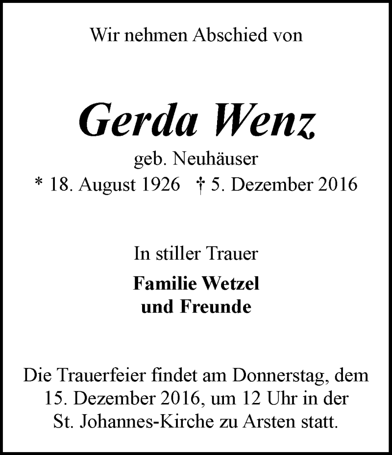 Traueranzeige von Gerda Wenz von WESER-KURIER