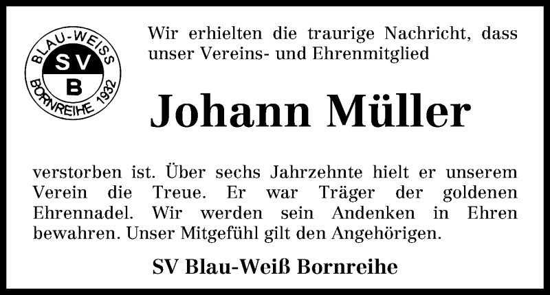 Traueranzeige von Johann Müller von Osterholzer Kreisblatt