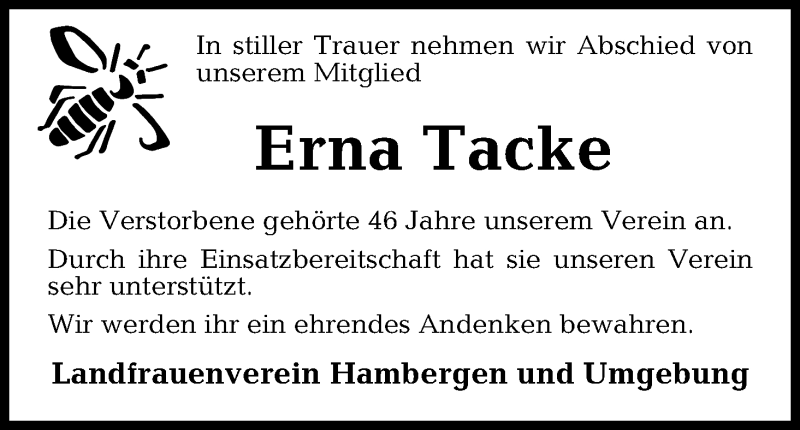 Traueranzeige von Erna Sophie Tacke von Osterholzer Kreisblatt