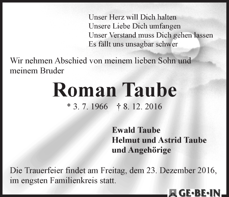Traueranzeige von Roman Taube von WESER-KURIER