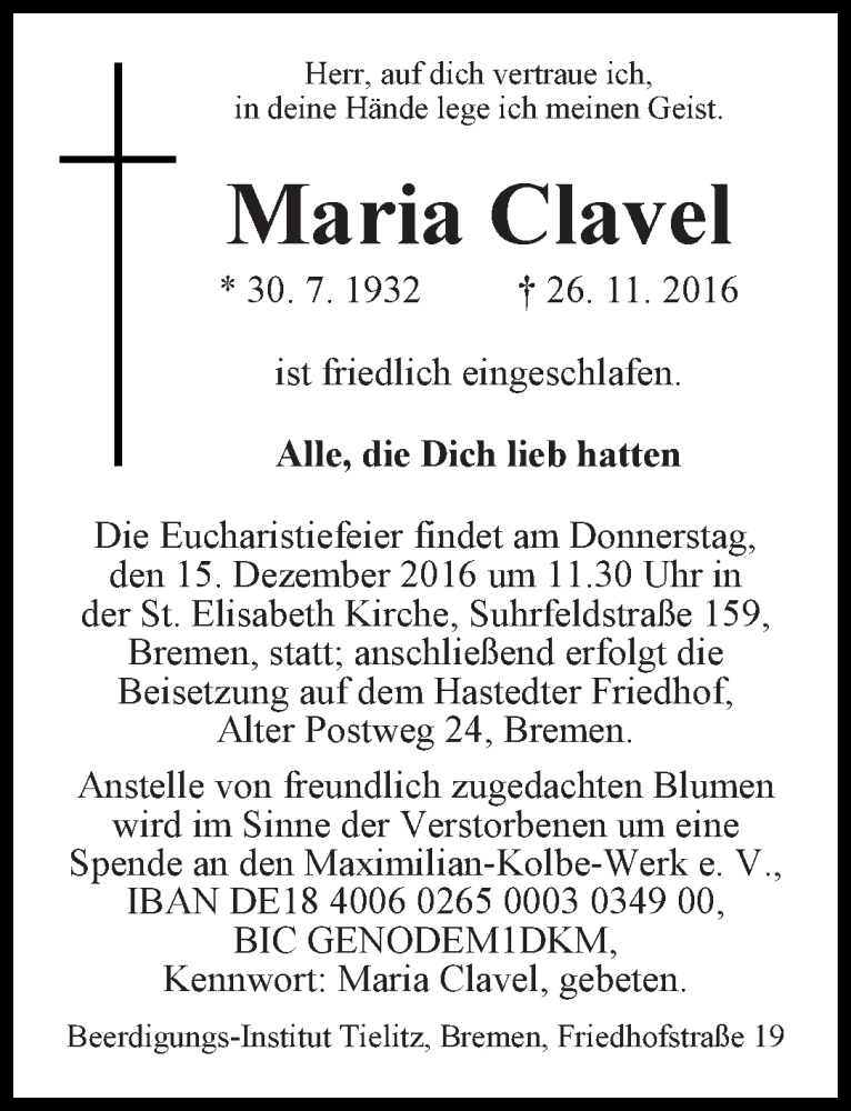 Traueranzeige von Maria Clavel von WESER-KURIER