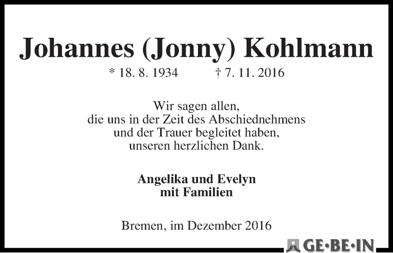 Traueranzeige von Johannes (Jonny) Kohlmann von WESER-KURIER