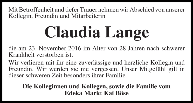  Traueranzeige für Claudia Lange vom 03.12.2016 aus Regionale Rundschau/Syker Kurier
