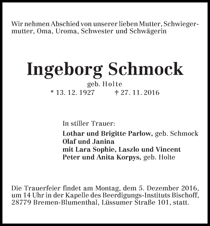 Traueranzeige von Ingeborg Schmock von Die Norddeutsche