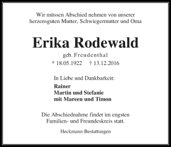 Traueranzeige von Erika Rodewald