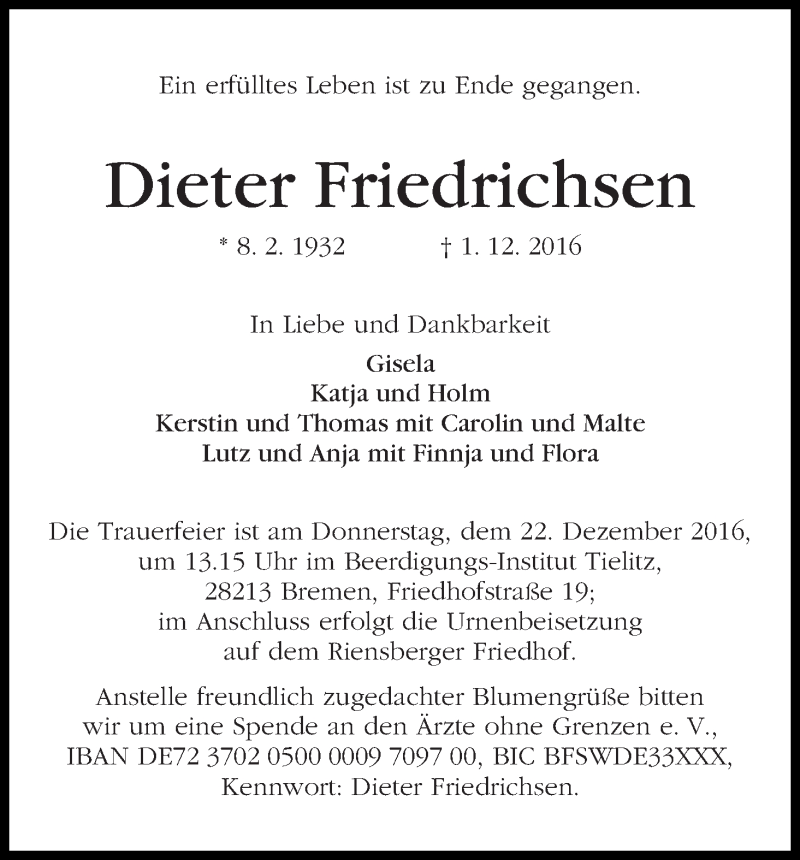 Traueranzeige von Dieter Friedrichsen von WESER-KURIER