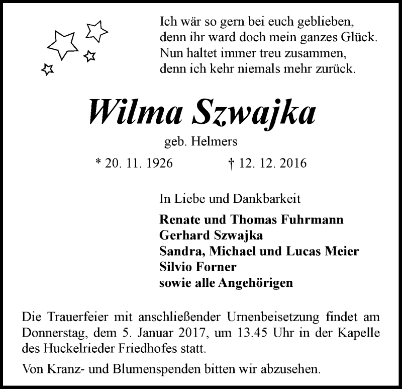  Traueranzeige für Wilma Szwajka vom 17.12.2016 aus WESER-KURIER
