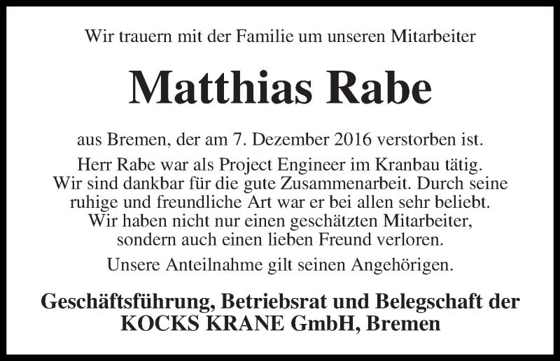 Traueranzeige von Matthias Rabe von Die Norddeutsche
