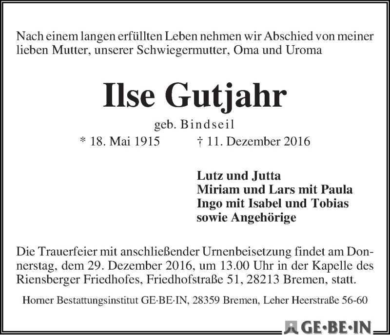Traueranzeige von Ilse Gutjahr von WESER-KURIER