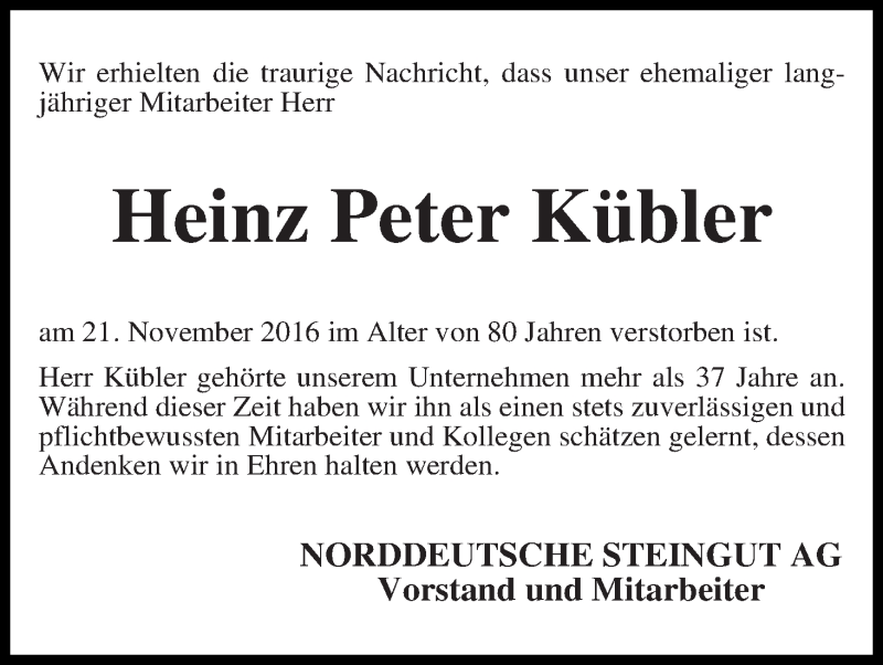 Traueranzeige von Heinz Peter Kübler von Die Norddeutsche