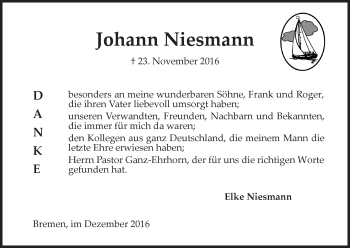 Traueranzeige von Johann Niesmann