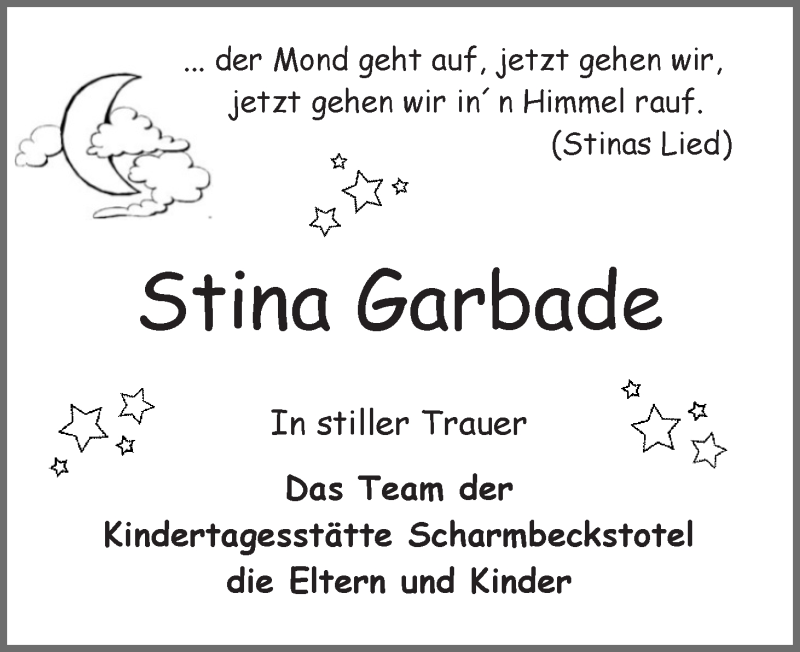  Traueranzeige für Stina Garbade vom 27.12.2016 aus Osterholzer Kreisblatt