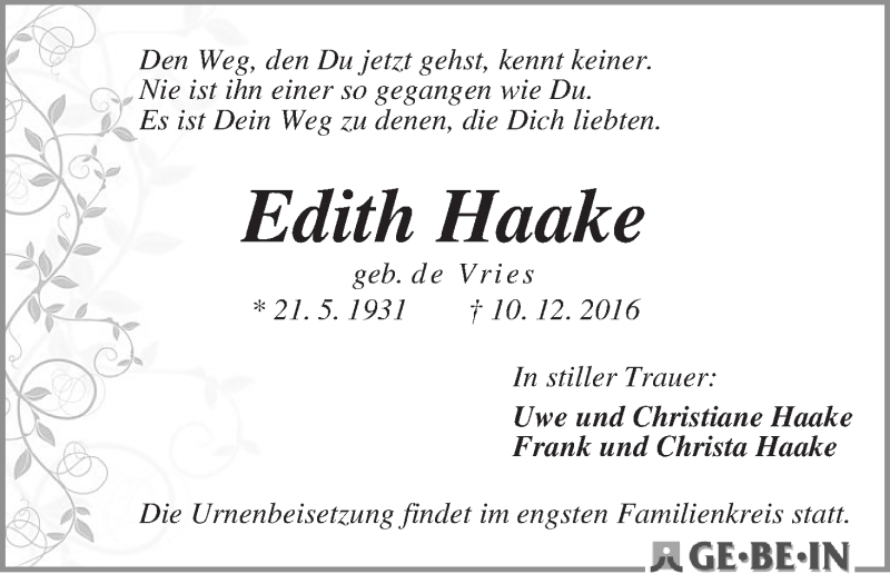 Traueranzeige von Edith Haake von WESER-KURIER