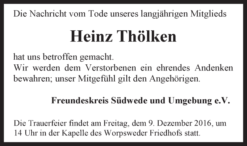 Traueranzeige von Heinz Thölken von Wuemme Zeitung