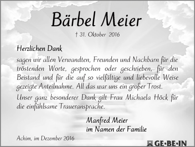 Traueranzeige von Bärbel Meier von WESER-KURIER