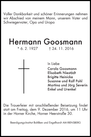 Traueranzeige von Hermann Goosmann