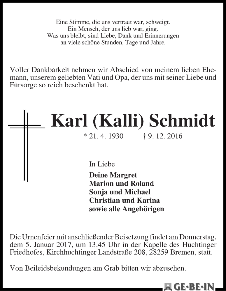 Traueranzeige von Karl (Kalli) Schmidt von WESER-KURIER