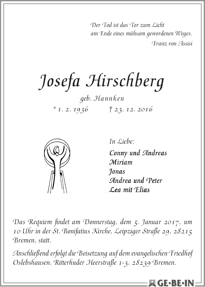 Traueranzeige von Josefa Hirschberg von WESER-KURIER