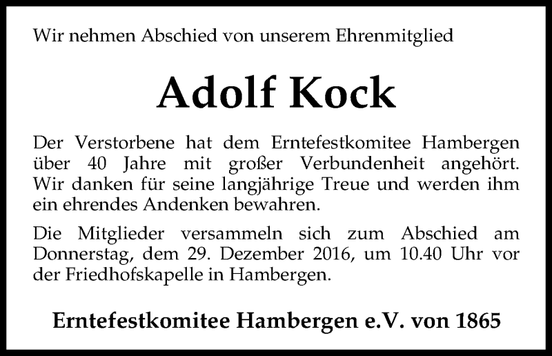 Traueranzeige von Adolf Kock von Osterholzer Kreisblatt
