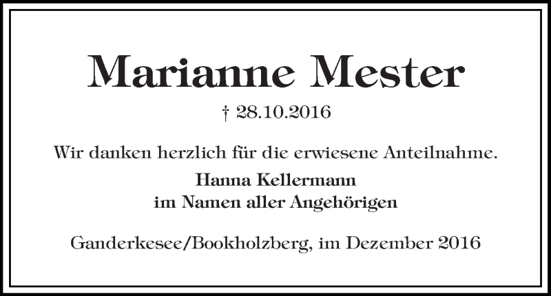Traueranzeige von Marianne Mester von WESER-KURIER