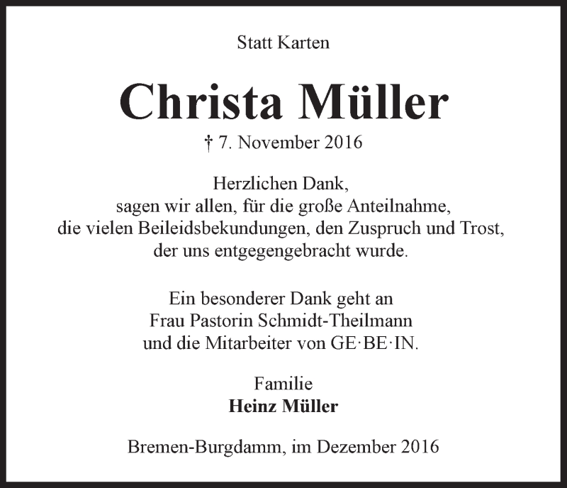  Traueranzeige für Christa Müller vom 24.12.2016 aus Die Norddeutsche