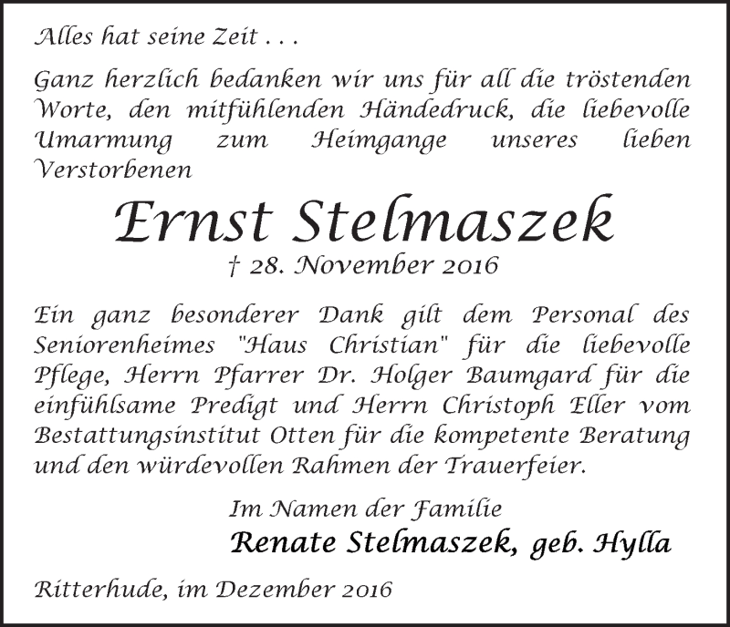 Traueranzeige von Ernst Stelmaszek von Die Norddeutsche