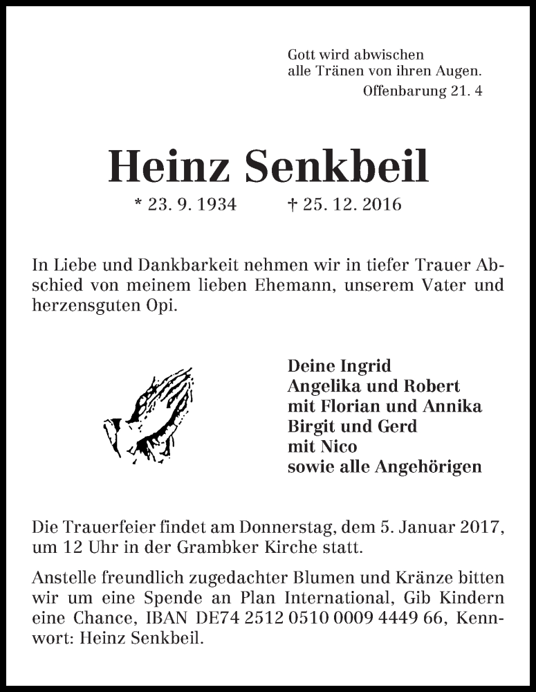 Traueranzeige von Heinz Senkbeil von Die Norddeutsche