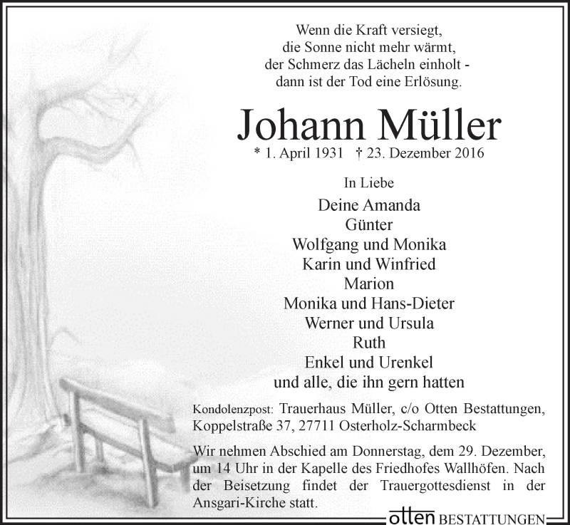 Traueranzeige von Johann Müller von Osterholzer Kreisblatt