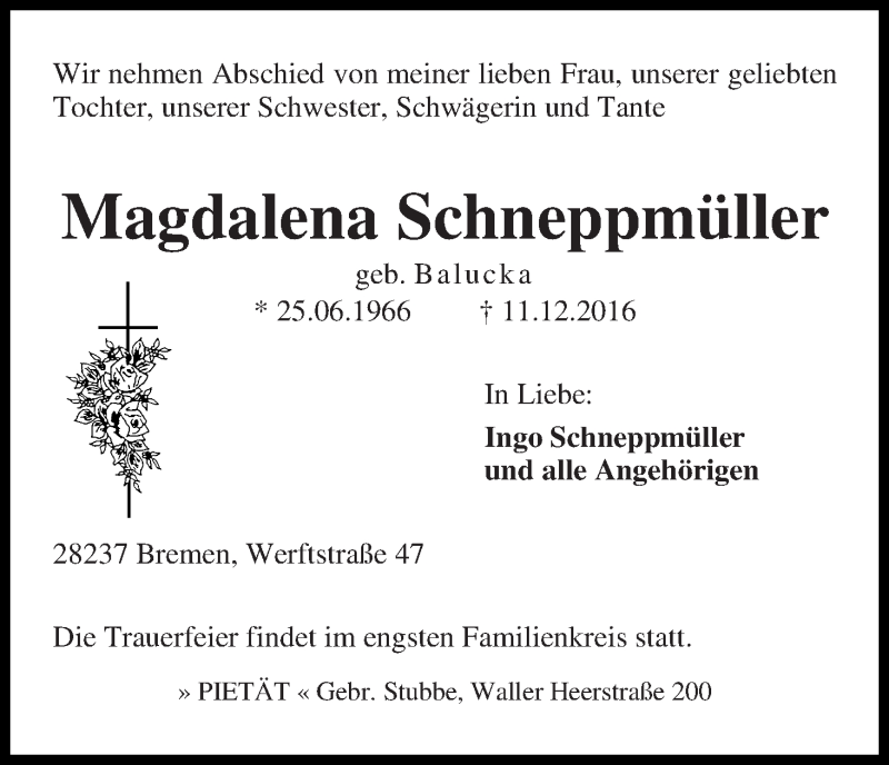 Traueranzeige von Magdalena Schneppmüller von WESER-KURIER
