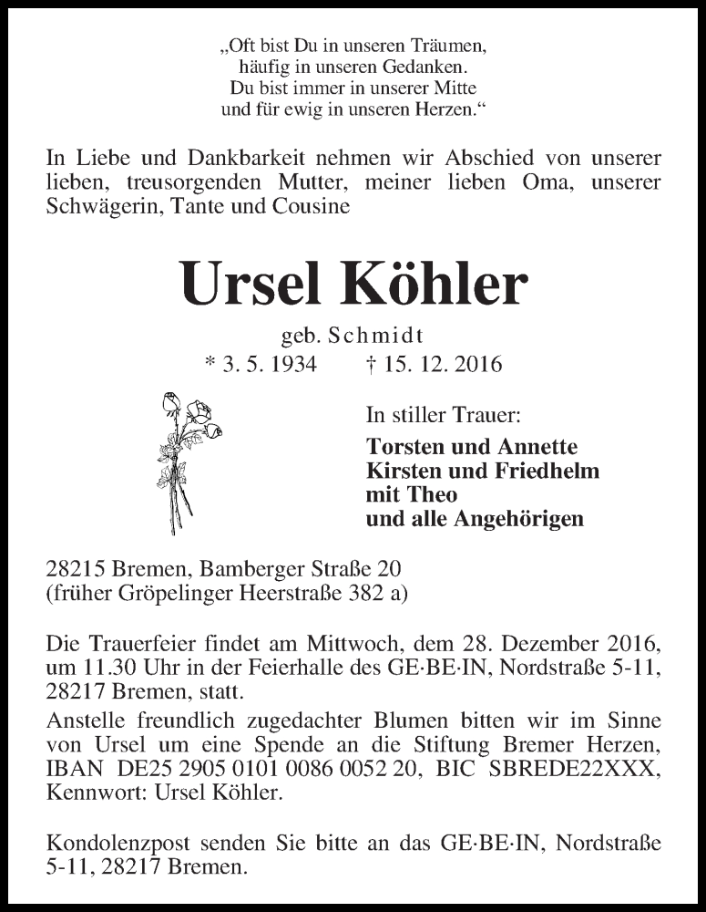 Traueranzeige von Ursel Köhler von WESER-KURIER