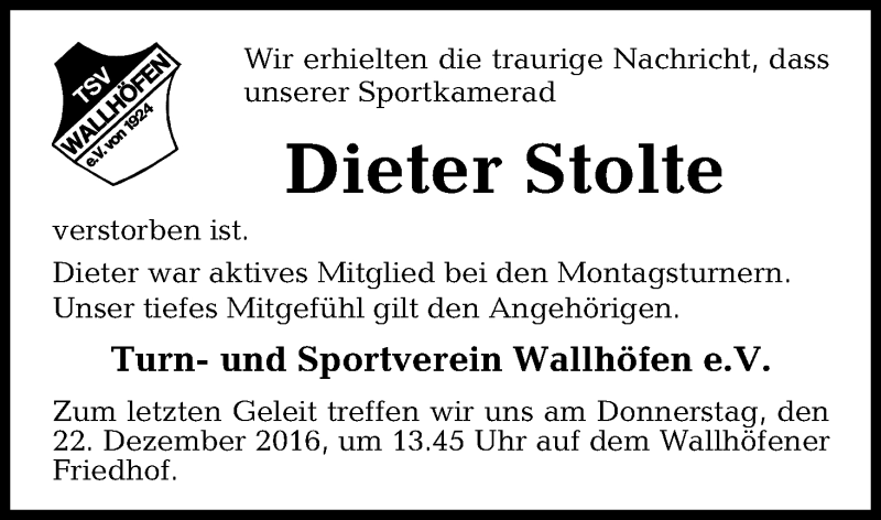  Traueranzeige für Dieter Stolte vom 22.12.2016 aus Osterholzer Kreisblatt