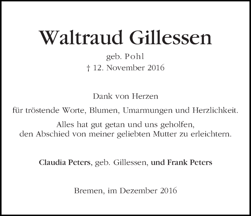  Traueranzeige für Waltraud Gillessen vom 10.12.2016 aus WESER-KURIER