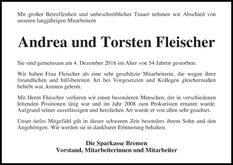  Traueranzeige für Andrea und Torsten Fleischer vom 08.12.2016 aus WESER-KURIER