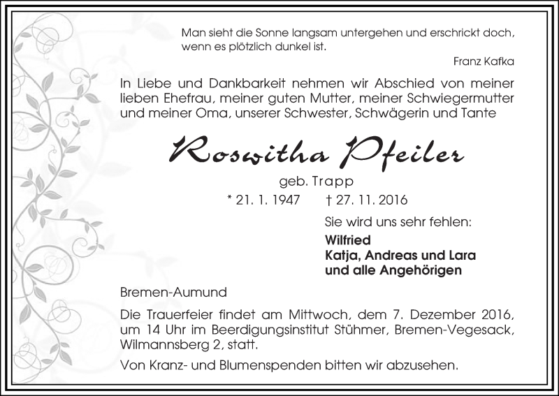 Traueranzeige von Roswitha Pfeiler von Die Norddeutsche