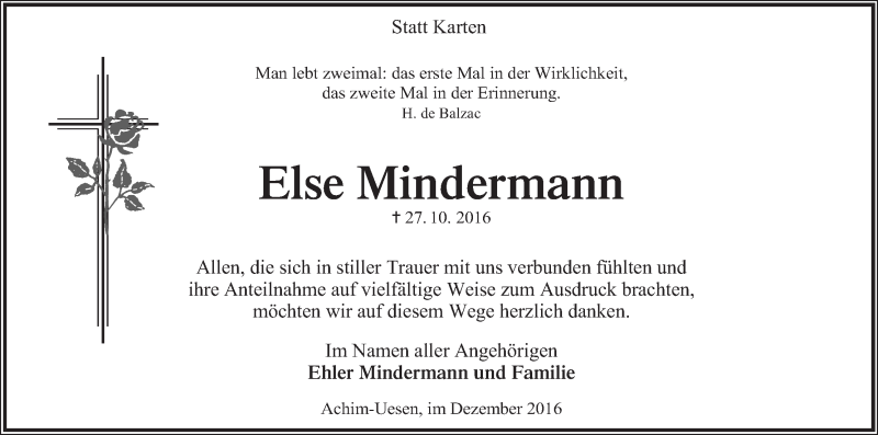 Traueranzeige von Else Mindermann von Achimer Kurier/Verdener Nachrichten