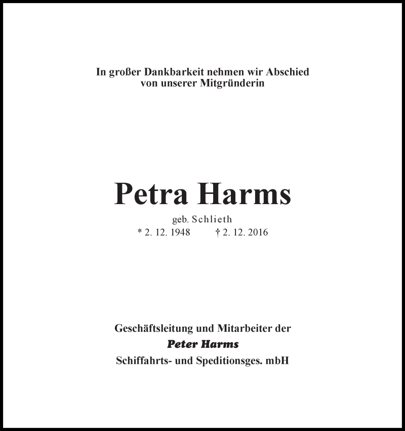 Traueranzeige von Petra Harms von WESER-KURIER