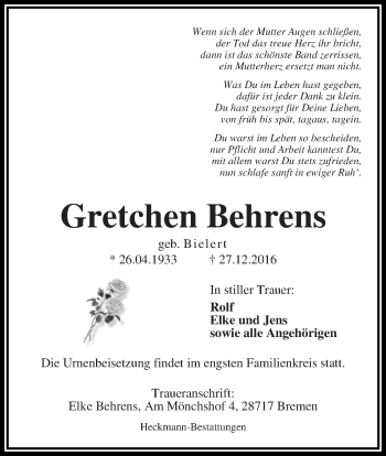 Traueranzeige von Gretchen Behrens