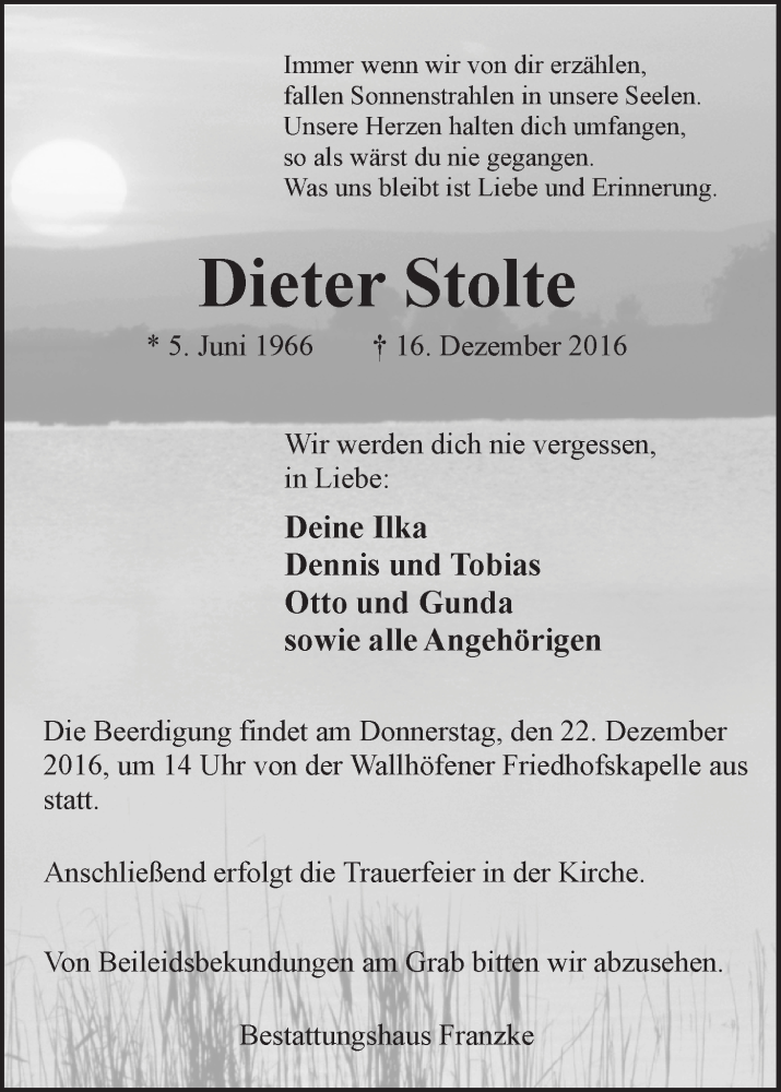  Traueranzeige für Dieter Stolte vom 20.12.2016 aus Osterholzer Kreisblatt