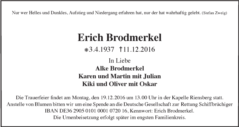 Traueranzeige von Erich Brodmerkel von WESER-KURIER
