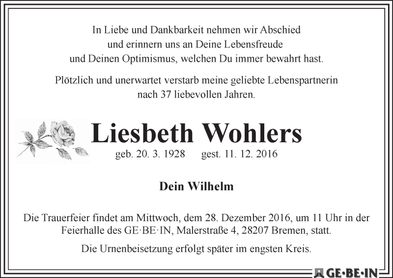 Traueranzeige von Liesbeth Wohlers von WESER-KURIER