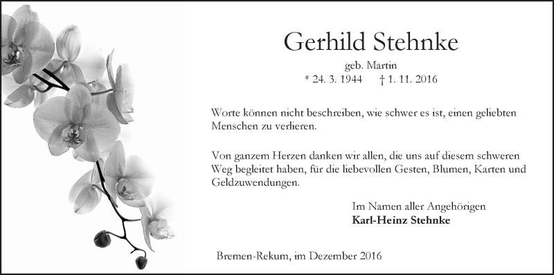 Traueranzeige von Gerhild Stehnke von Die Norddeutsche