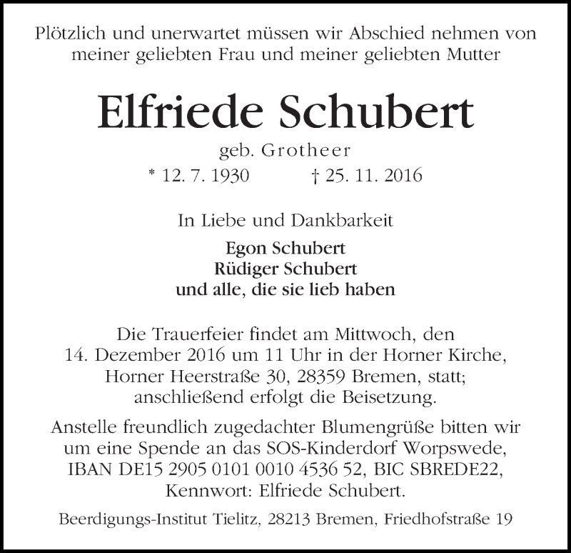 Traueranzeige von Elfriede Schubert von WESER-KURIER