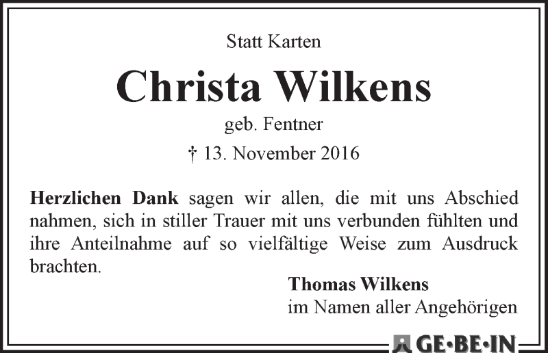 Traueranzeige von Christa Wilkens von WESER-KURIER