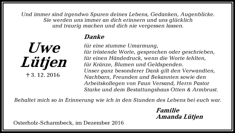 Traueranzeige von Uwe Lütjen von Osterholzer Kreisblatt