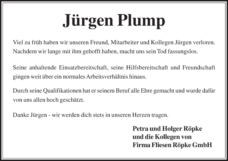  Traueranzeige für Jürgen Plump vom 13.12.2016 aus Osterholzer Kreisblatt