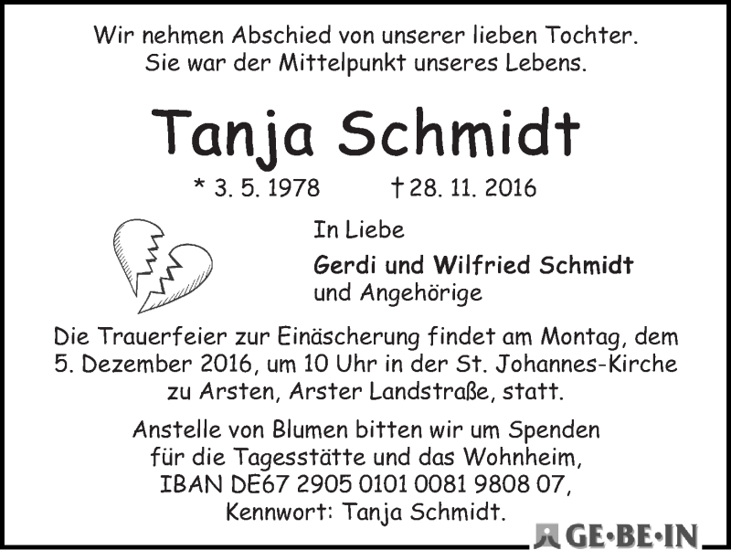 Traueranzeige von Tanja Schmidt von WESER-KURIER