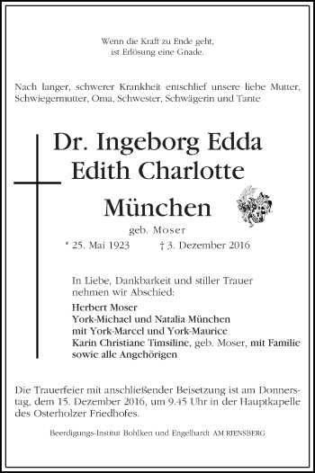 Traueranzeige von Dr. Ingeborg Edda Edith Charlotte München