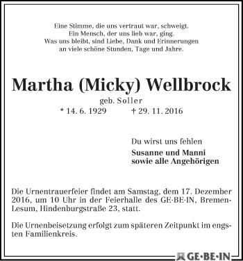 Traueranzeige von Martha (Micky) Wellbrock